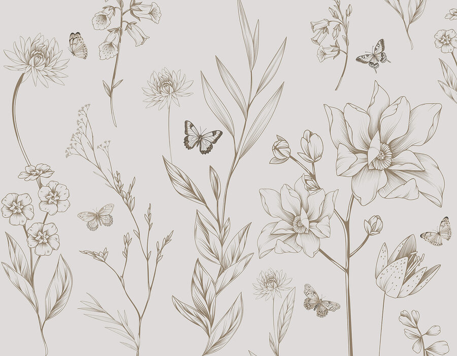 Behang met bloemen en vlinders