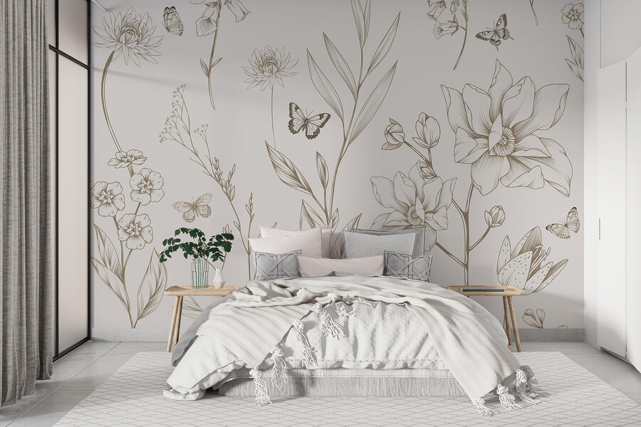 Behang met bloemen en vlinders