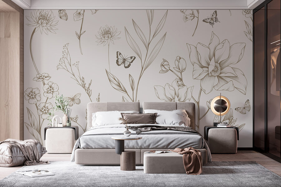 Behang met bloemen en vlinders