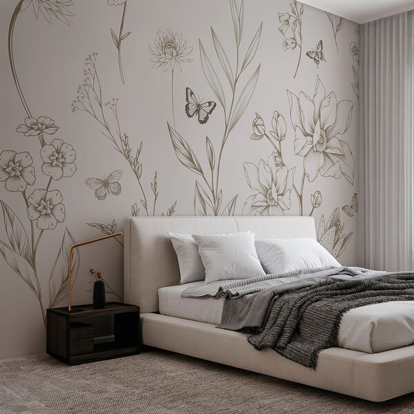Behang met bloemen en vlinders Behang met bloemen en vlinders