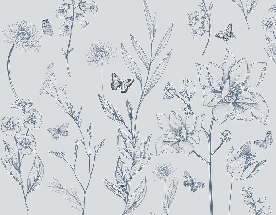 Tekening van bloemen en vlinders