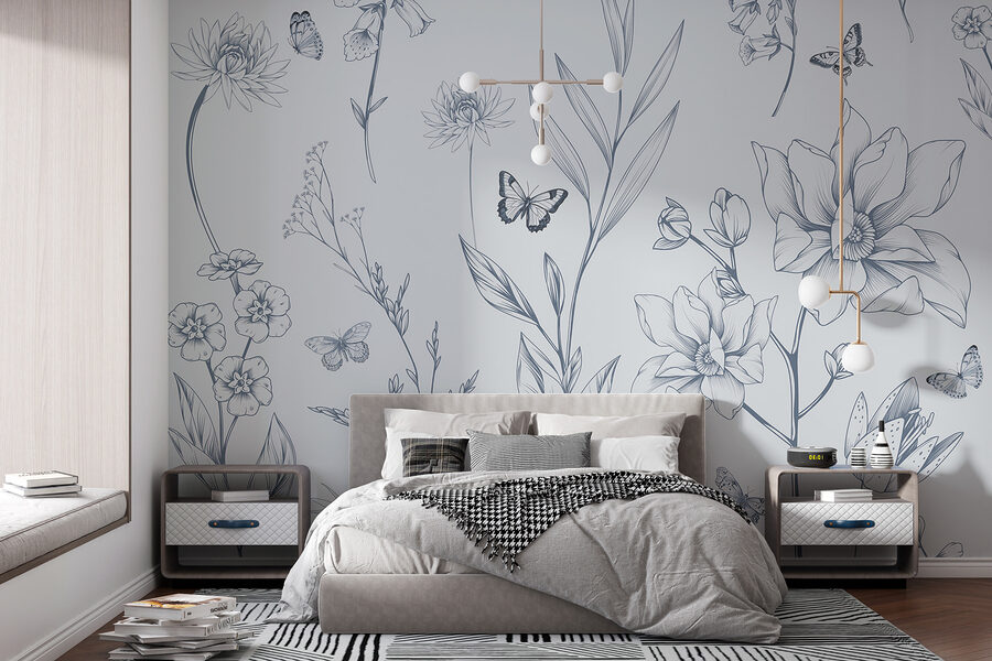 Tekening van bloemen en vlinders