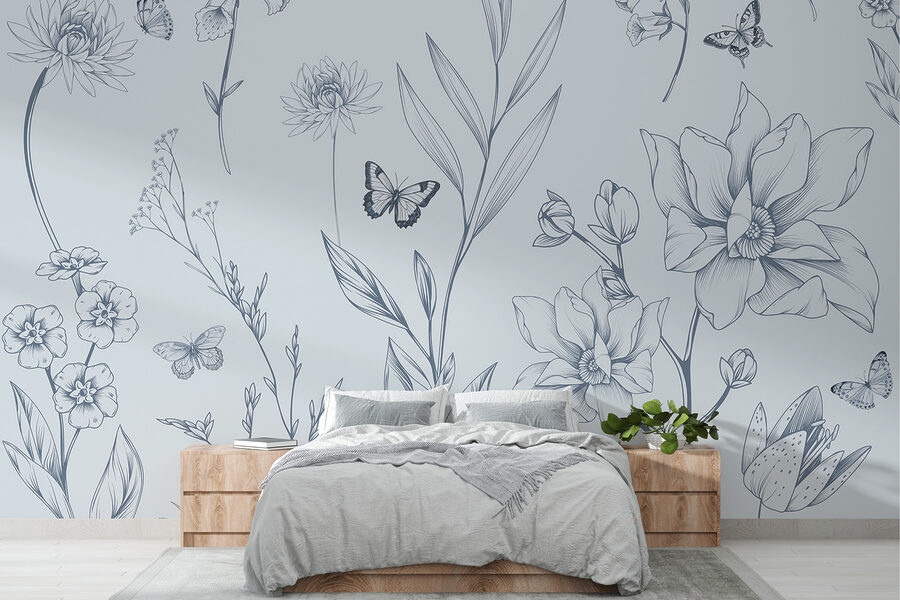 Tekening van bloemen en vlinders