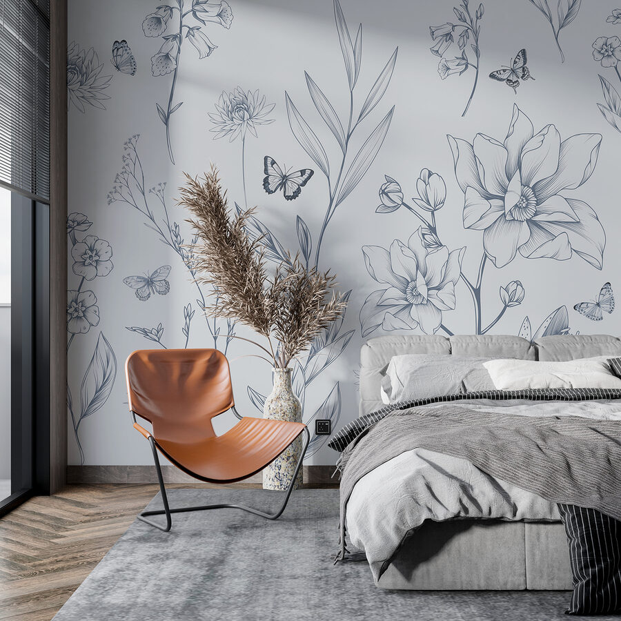 Tekening van bloemen en vlinders