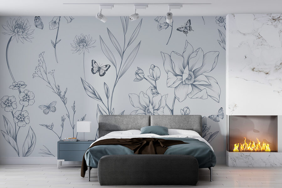 Tekening van bloemen en vlinders