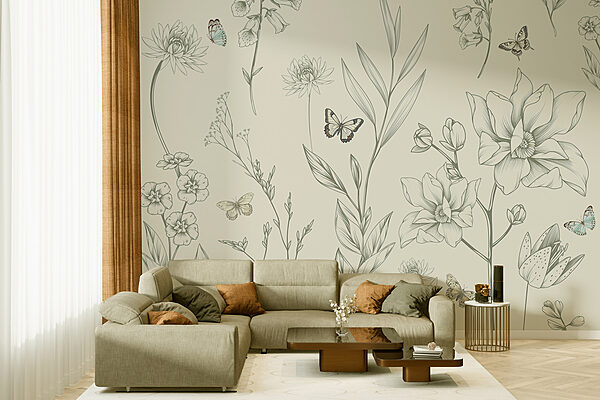 Wallpaper with flowers and butterflies