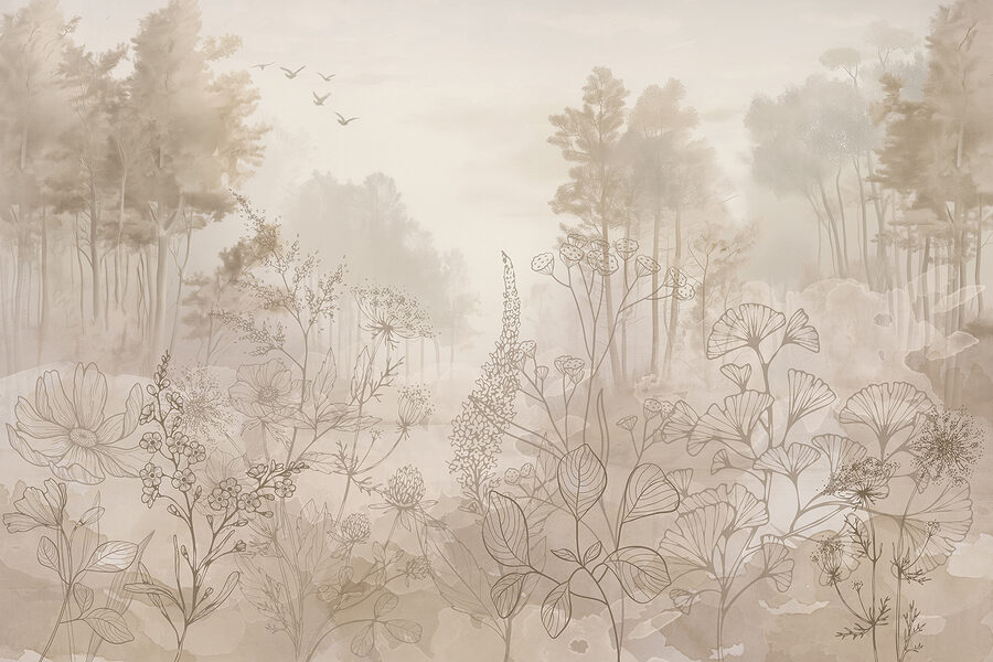Fotobehang Mistig landschap met bomen en planten - Afbeelding 5
