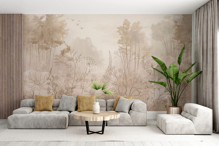 Fotobehang Mistig landschap met bomen en planten - Afbeelding 3