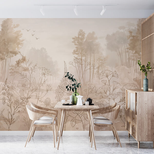Mistig landschap met bomen en planten Mistig landschap met bomen en planten