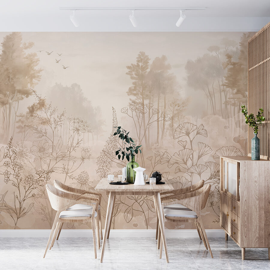 Fotobehang Mistig landschap met bomen en planten - Afbeelding 4