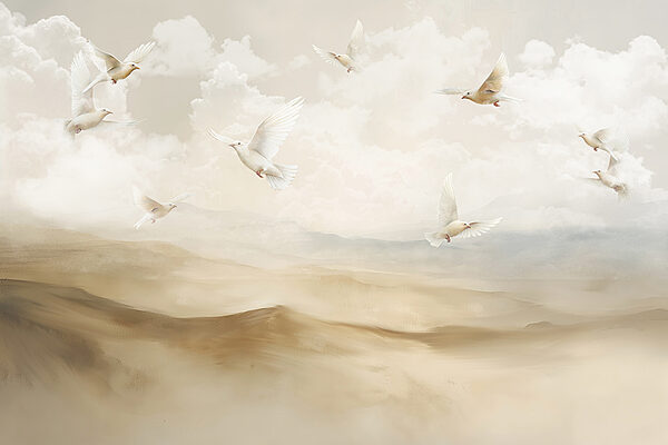 Groep witte vogels vliegend in de lucht Groep witte vogels vliegend in de lucht
