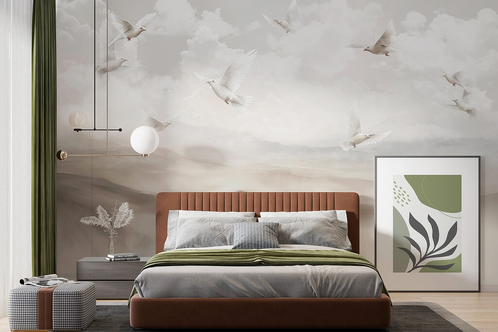 Group of white birds flying in the sky