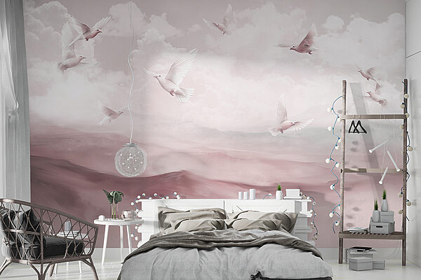 Group of white birds flying in the sky