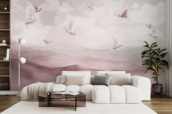 Group of white birds flying in the sky