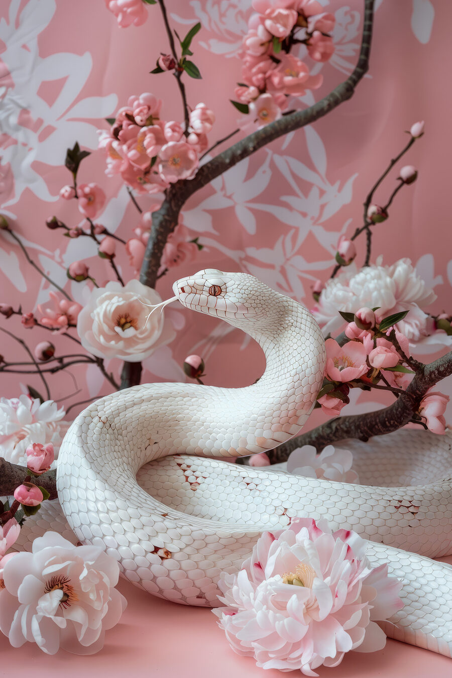 Witte slang met roze bloemen