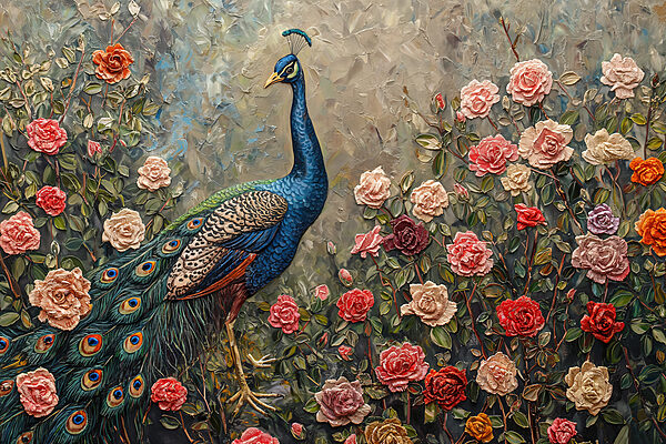 Schilderij van een pauw omringd door bloemen Schilderij van een pauw omringd door bloemen