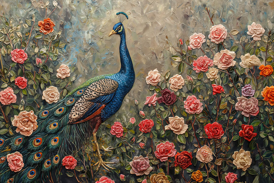 Schilderij van een pauw omringd door bloemen