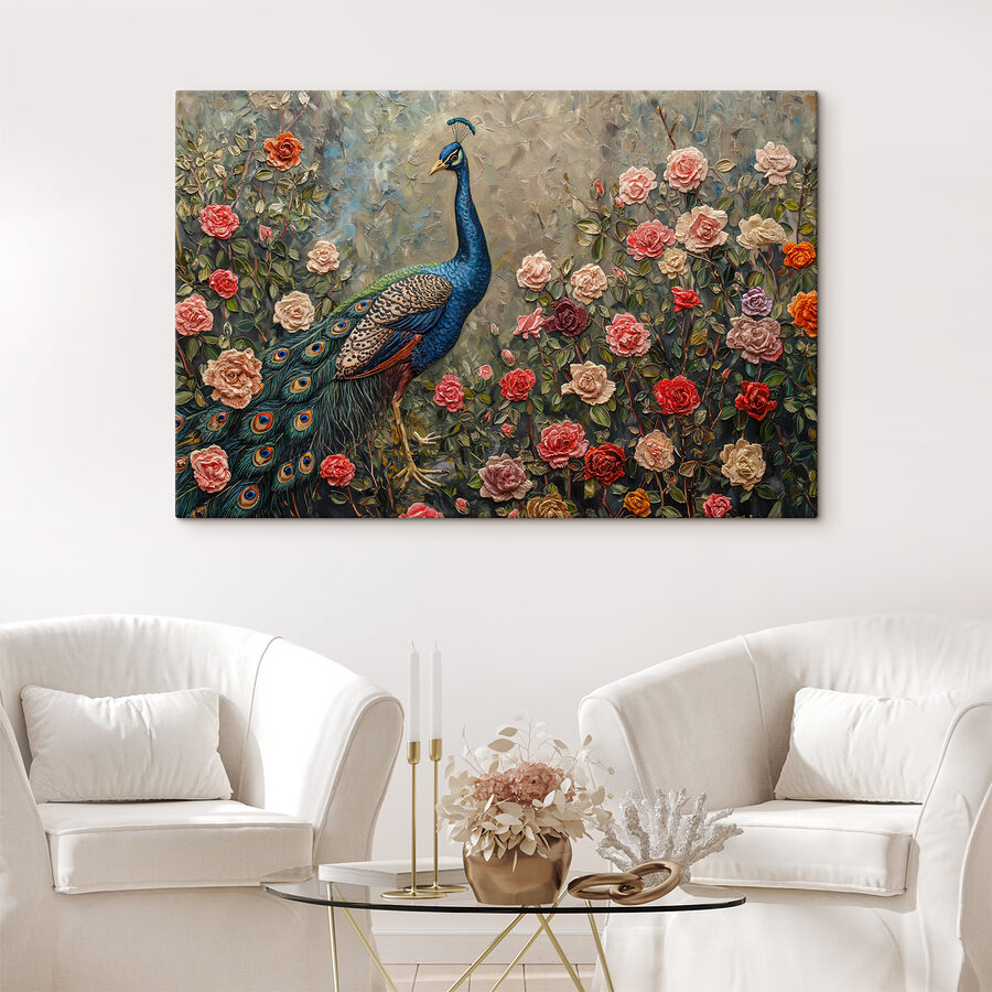 Schilderij van een pauw omringd door bloemen