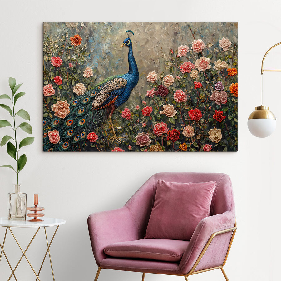 Schilderij van een pauw omringd door bloemen