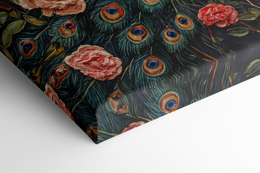 Schilderij van een pauw omringd door bloemen