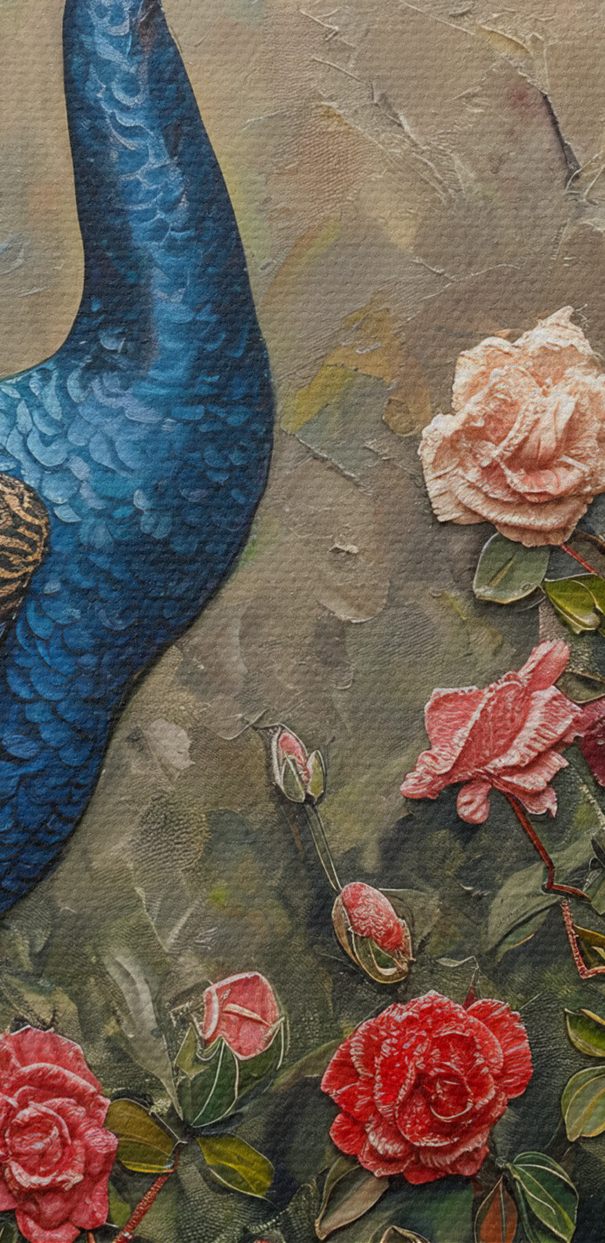 Schilderij van een pauw omringd door bloemen