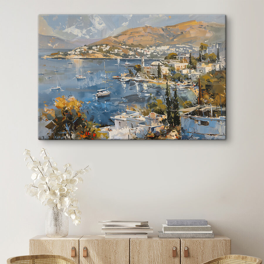 Schilderij van een stad en een waterlichaam