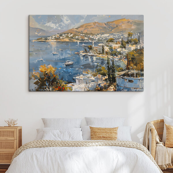 Schilderij van een stad en een waterlichaam Schilderij van een stad en een waterlichaam