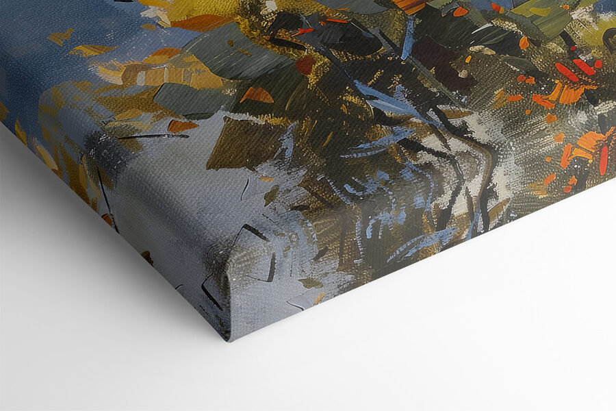 Schilderij van een stad en een waterlichaam