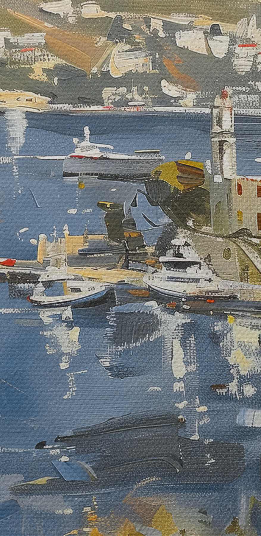 Schilderij van een stad en een waterlichaam