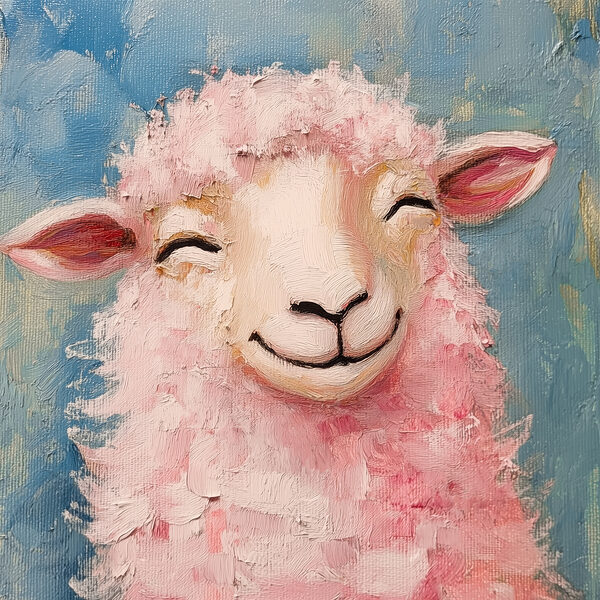 Schilderij van een roze schaap Schilderij van een roze schaap