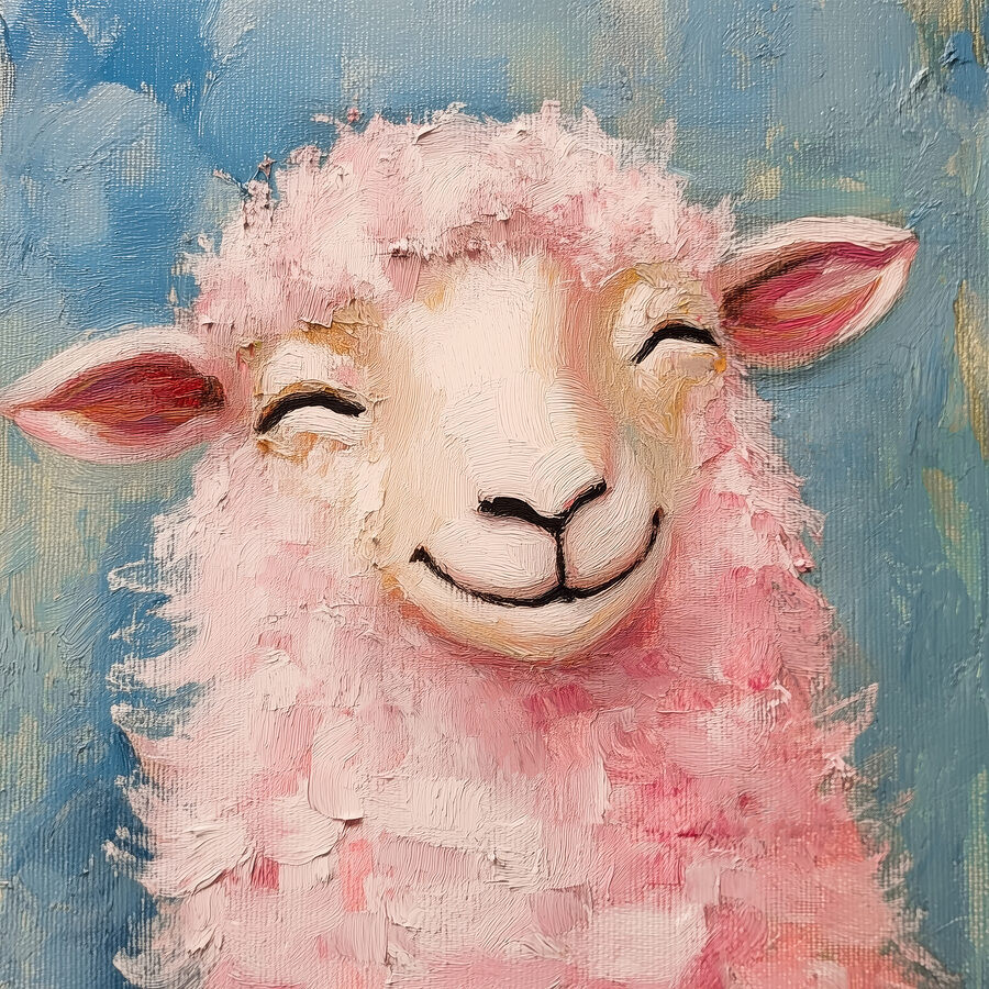 Schilderij van een roze schaap Schilderij van een roze schaap