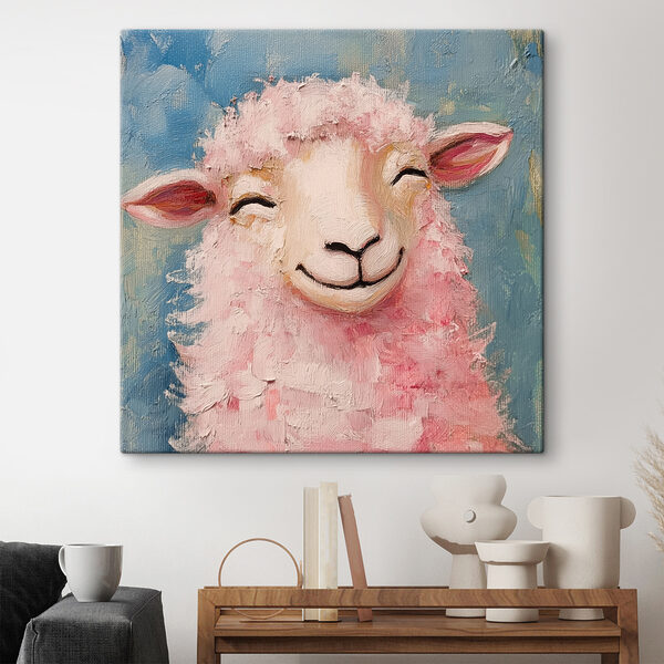 Schilderij van een roze schaap Schilderij van een roze schaap