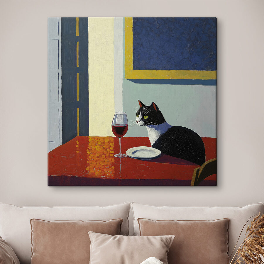 Kat zittend aan een tafel met een bord en een plaat Kat zittend aan een tafel met een bord en een plaat