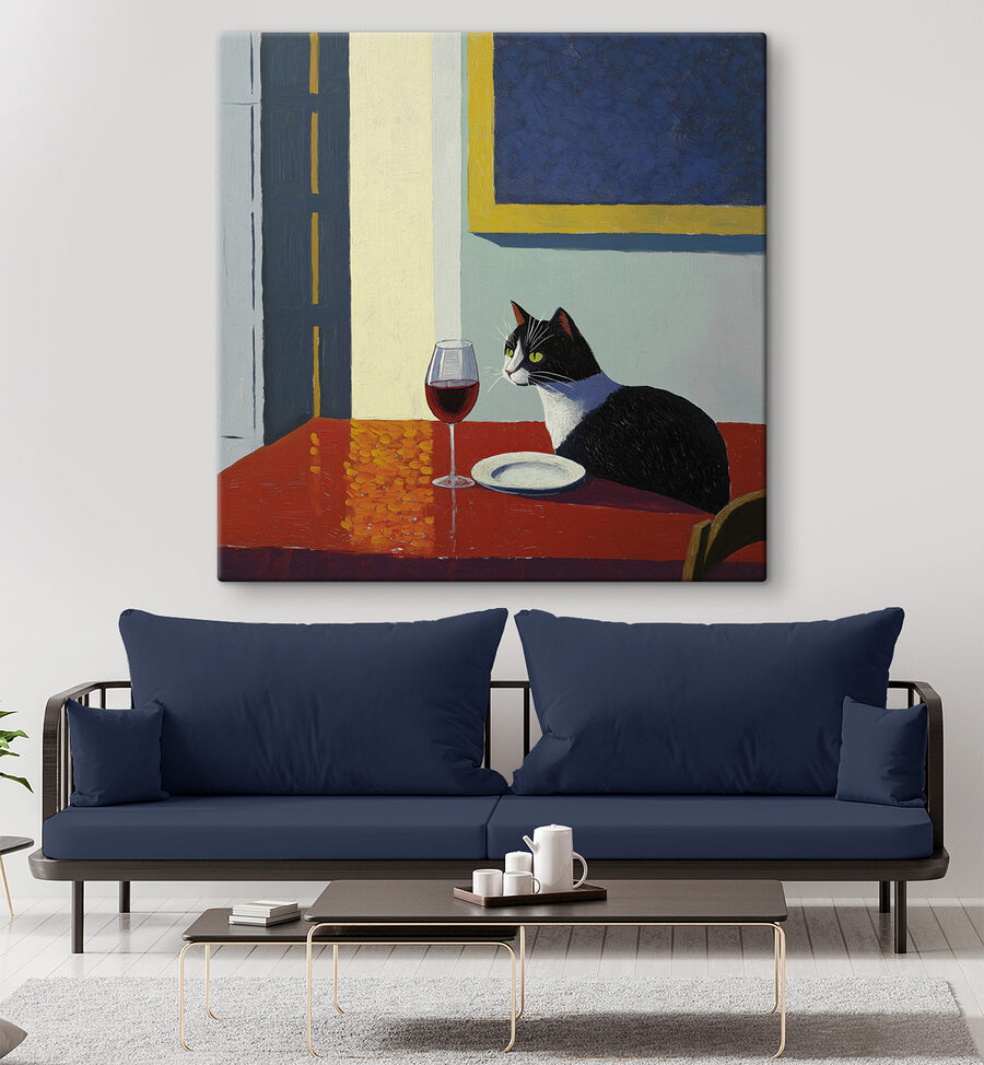 Kat zittend aan een tafel met een bord en een plaat Kat zittend aan een tafel met een bord en een plaat