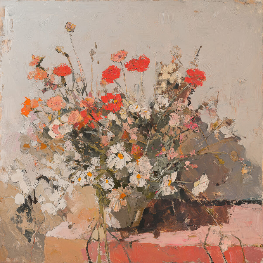 Schilderij van bloemen in een vaas