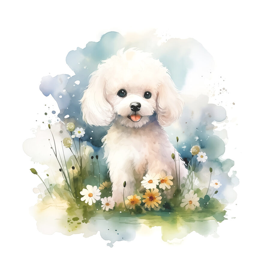 Witte hond zittend in een veld vol bloemen Witte hond zittend in een veld vol bloemen