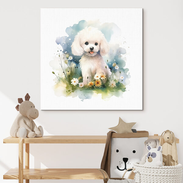 Witte hond zittend in een veld vol bloemen Witte hond zittend in een veld vol bloemen