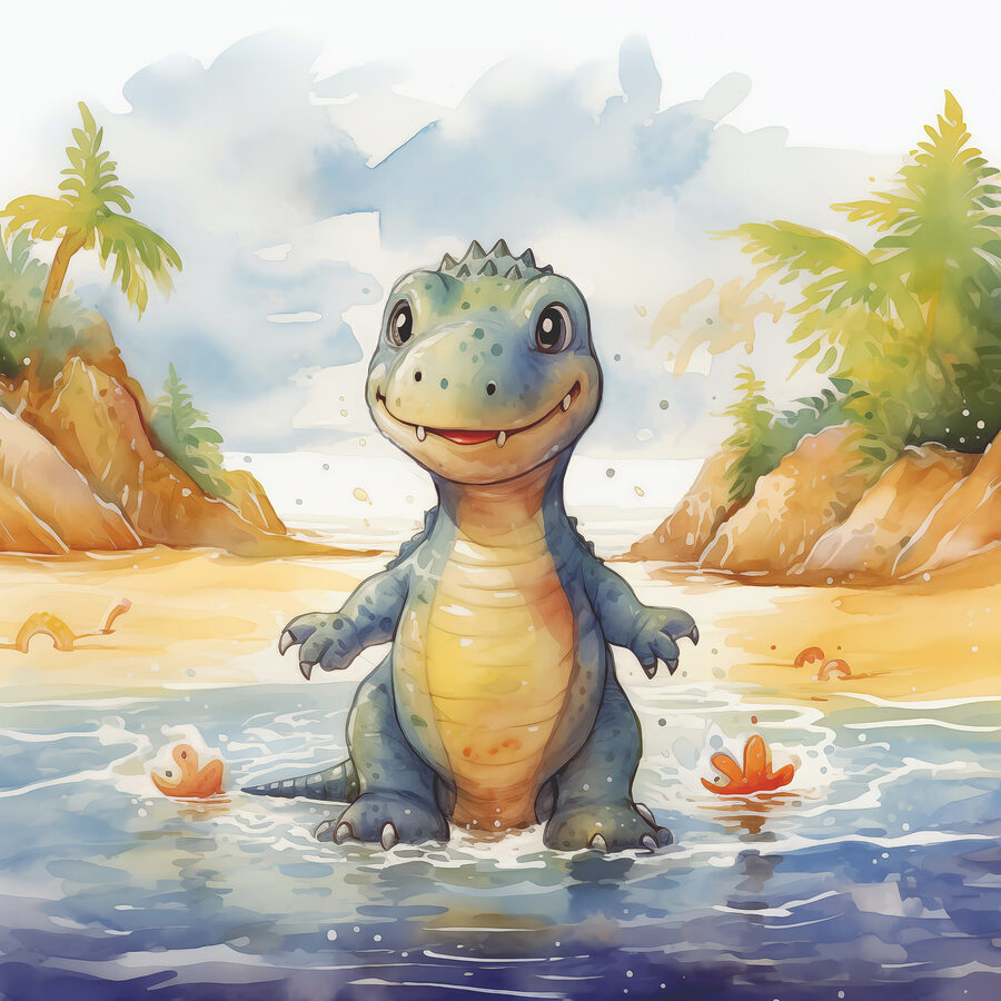 Cartoon van een dinosaurus in water Cartoon van een dinosaurus in water