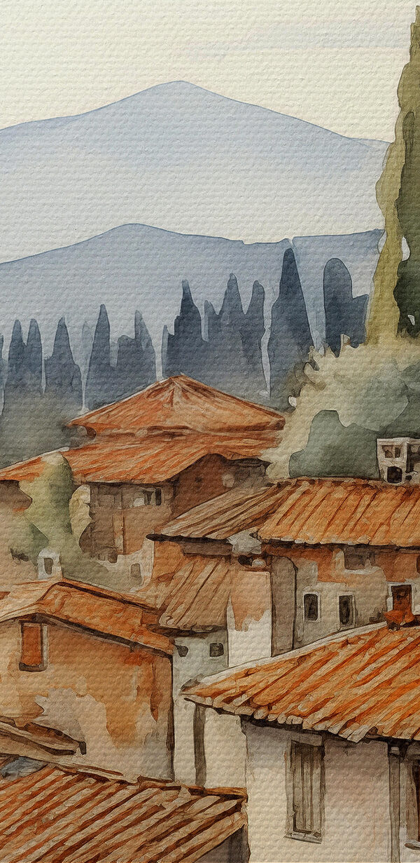 Watercolor painting of a town with many buildings and trees
