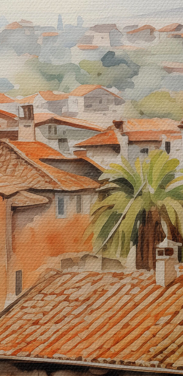 Aquarel van een stad met veel gebouwen en bomen Aquarel van een stad met veel gebouwen en bomen