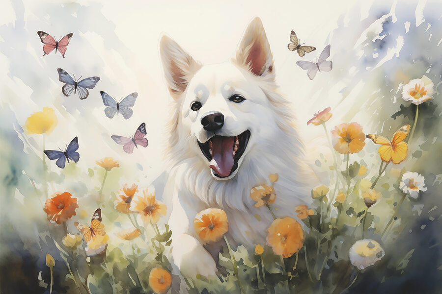 Witte hond met vlinders in een bloemenveld