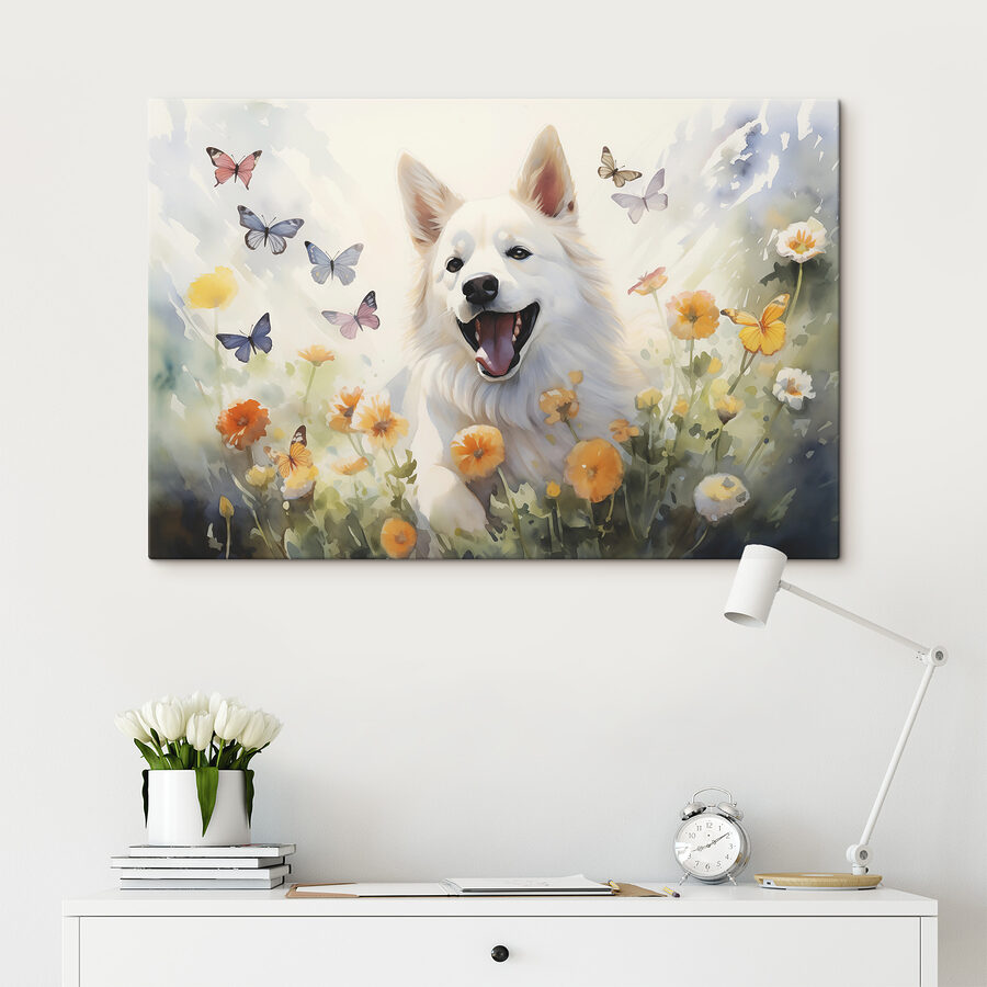 Witte hond met vlinders in een bloemenveld