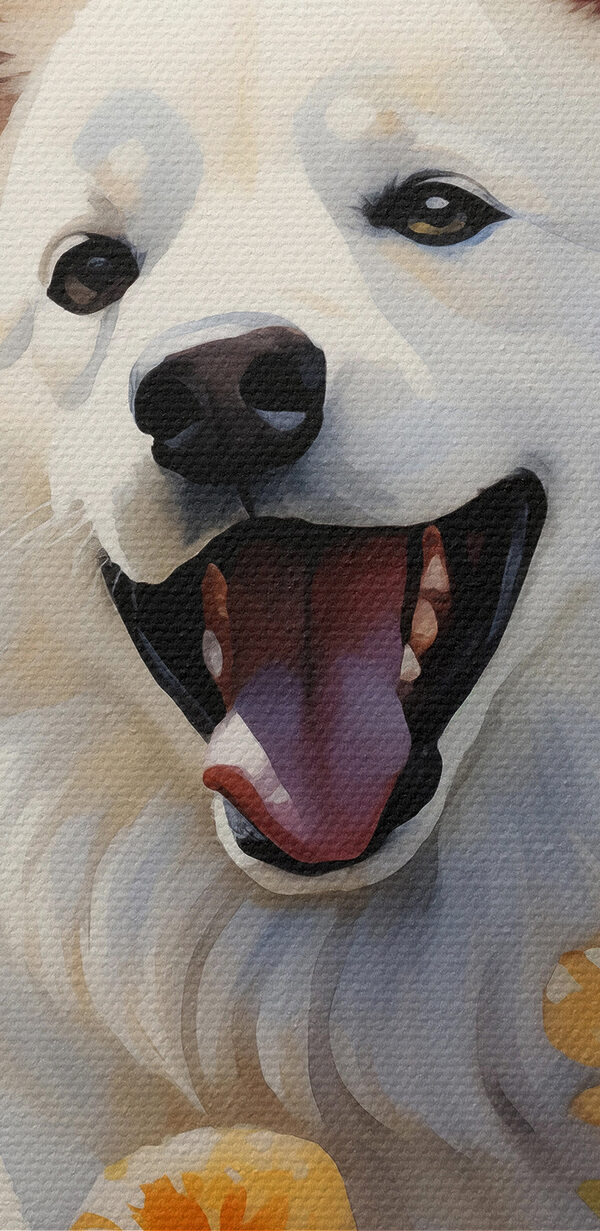 Witte hond met vlinders in een bloemenveld Witte hond met vlinders in een bloemenveld
