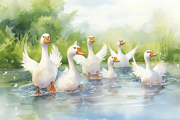 Groep witte eenden zwemmend in water Groep witte eenden zwemmend in water