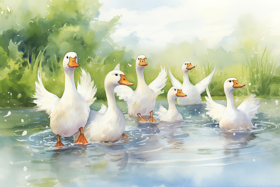 Groep witte eenden zwemmend in water