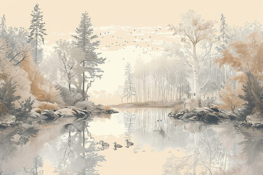 Meer met bomen en vogels
