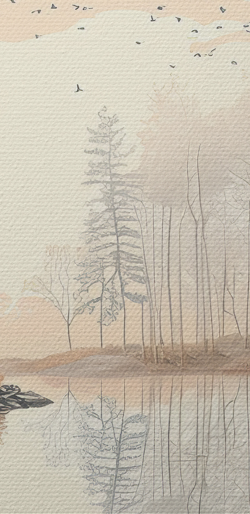 Meer met bomen en vogels