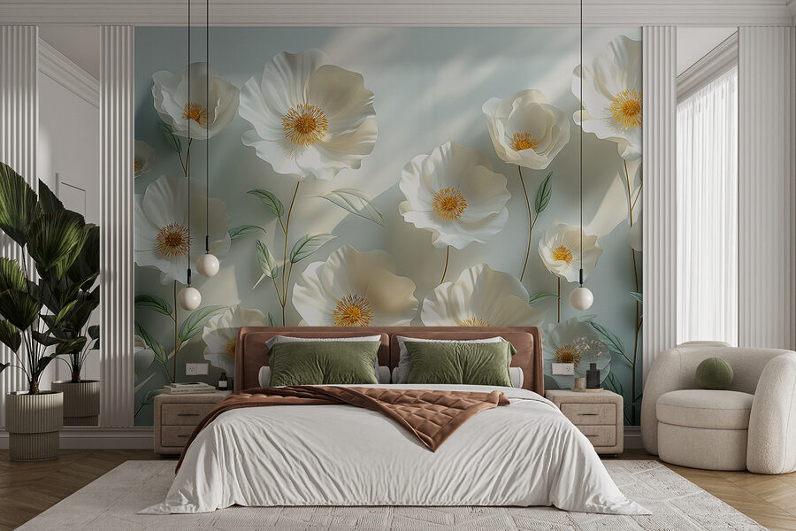 Groep witte bloemen met groene bladeren
