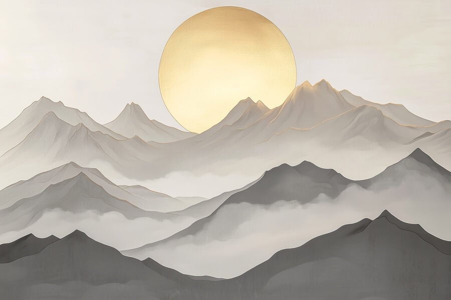 Schilderij van bergen en de zon