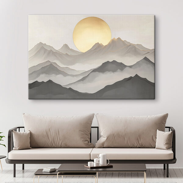 Schilderij van bergen en de zon Schilderij van bergen en de zon